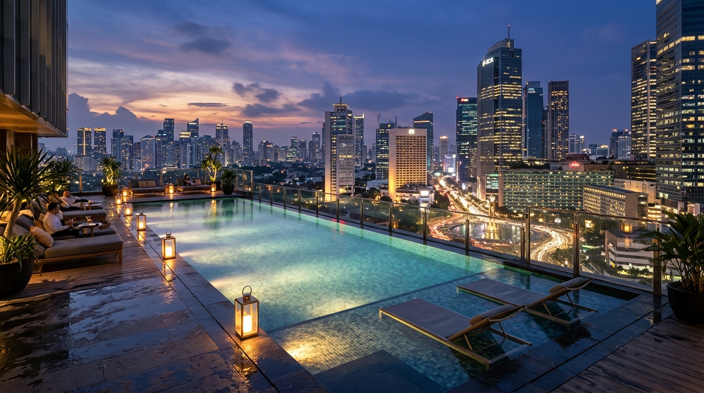 Panorama Infinity Pool menghadap Skyline Bundaran HI dan Sudirman Jakarta